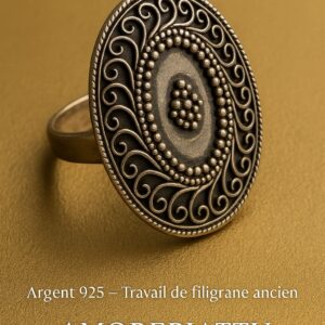 Bague ovale en argent massif filigrané
Travail artisanal – inspiration ethnique