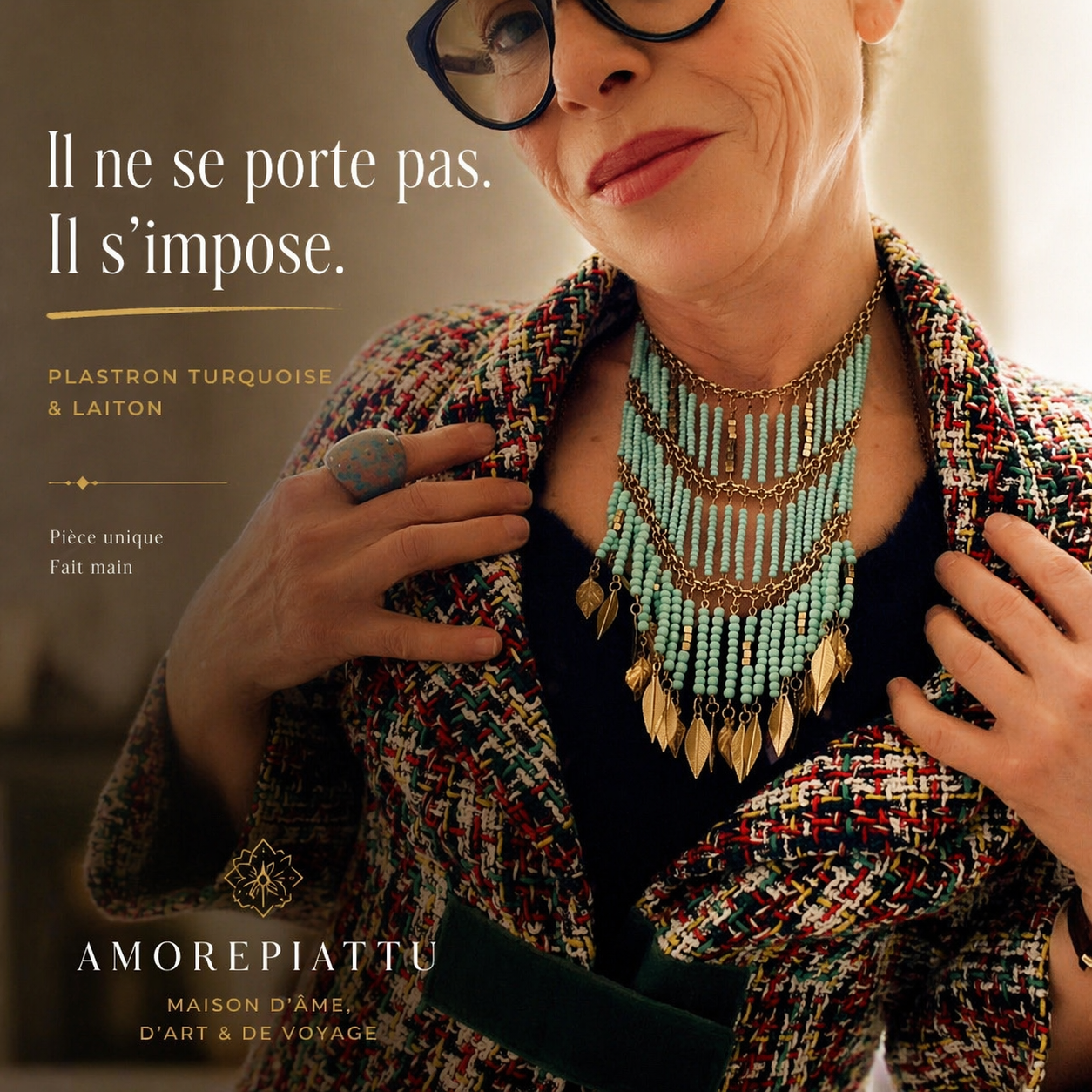 Collier Plastron Turquoise et Laiton – Résonance Azur – Image 4