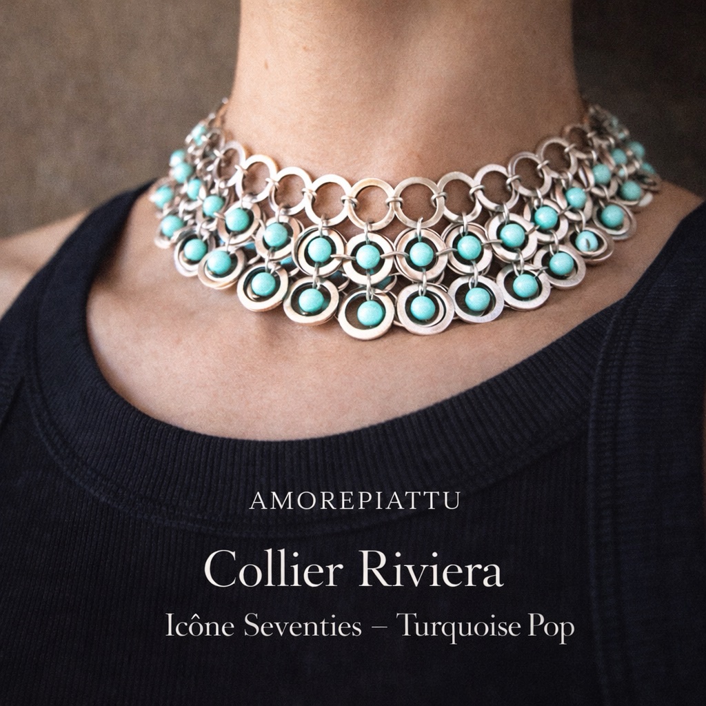 Collier Collerette Riviera. Collier, pièce unique années 1970. 