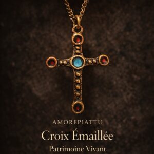 Coller Croix ancienne émaillée. Pendentif vintage doré avec cabochons colorés. Pièce unique artisanal et spirituel. AMOREPIATTU.