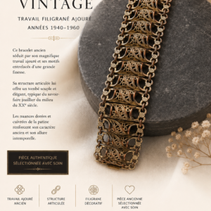 Bracelet Vintage Ajouré. Travail filigrané articulé. Années 1940–1960