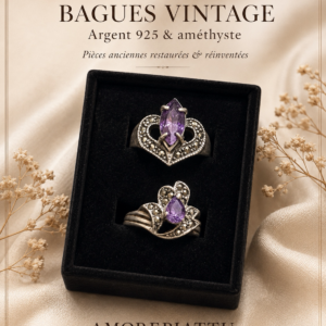 Bague Vintage Argent 925 et Améthyste. Modèle Volutes Couture — Années 1940–1960