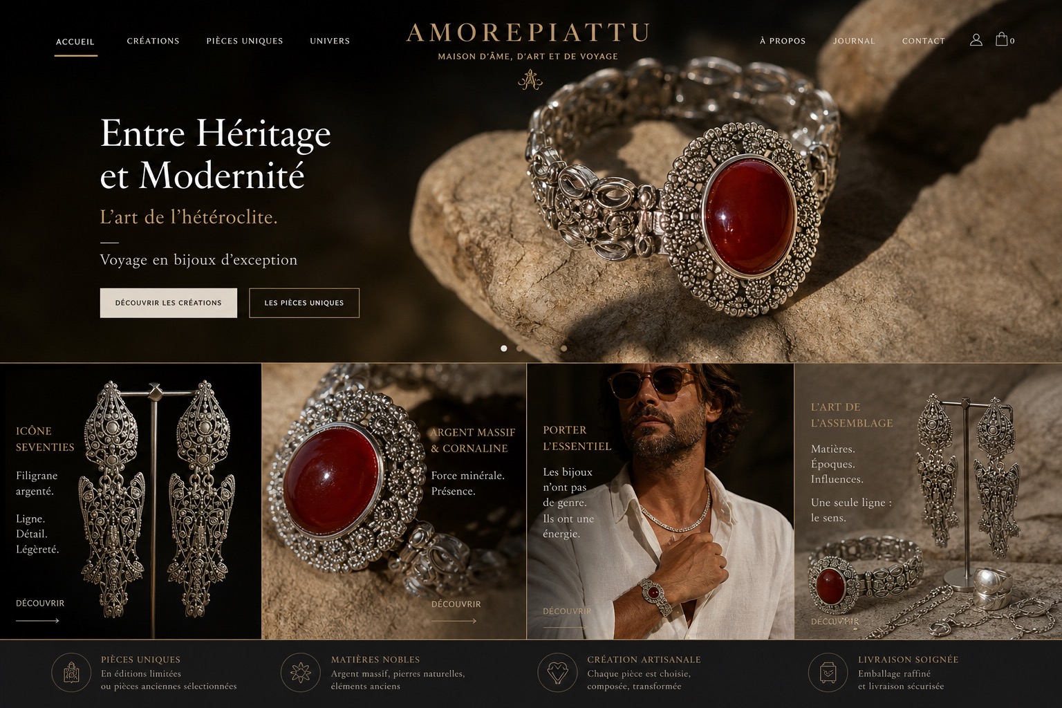 Amorepiattu créé des bijoux pour femmes, hommes et des colliers pour petits chiens ou chats. Des pièces uniques, des styles différents comme autant d'époques, d'instant de bonheur, de souffle de vie, de baisers;