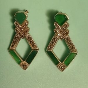 Boucles d’oreilles Géométrie d’Émeraude, Art Déco agate verte et marcassites